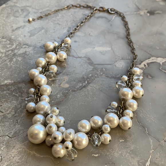 American Eagle Outfitters faux pearl clear bead necklace on brass toned chain